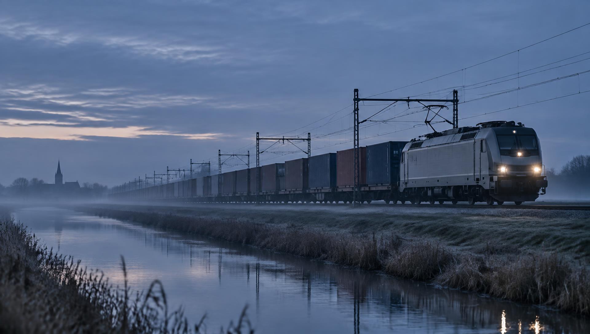 Freight train with container wagons running along a canal at dusk
